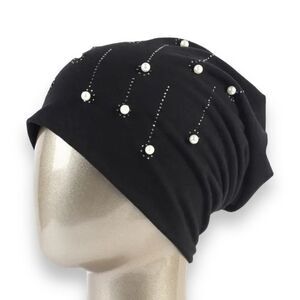 Black Beanie Rhinestones and Pearls Accents NWT